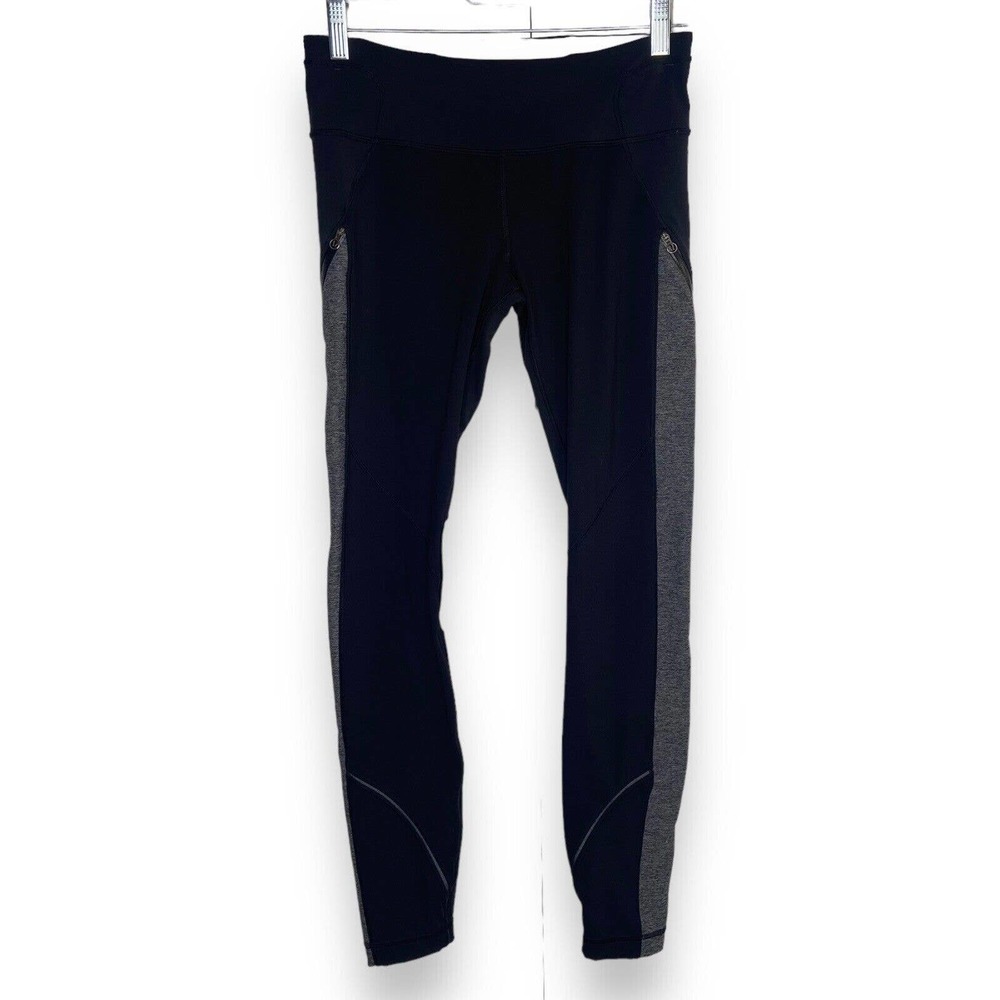 Lululemon Womens Size 6 Rain On Train On Leggings Black Gray Zip Pockets Logo